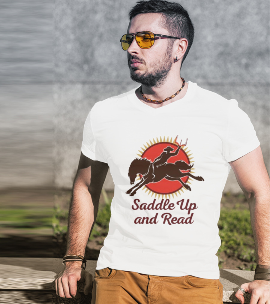 Saddle Up And Read Horseback Silhouette Against Sunburst T-Shirt