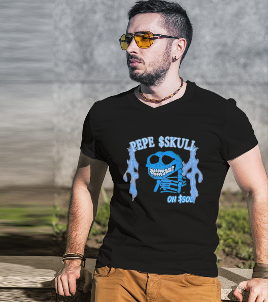 PEPE SKULL ON SOL Thunder Lightning Skeleton T-Shirt