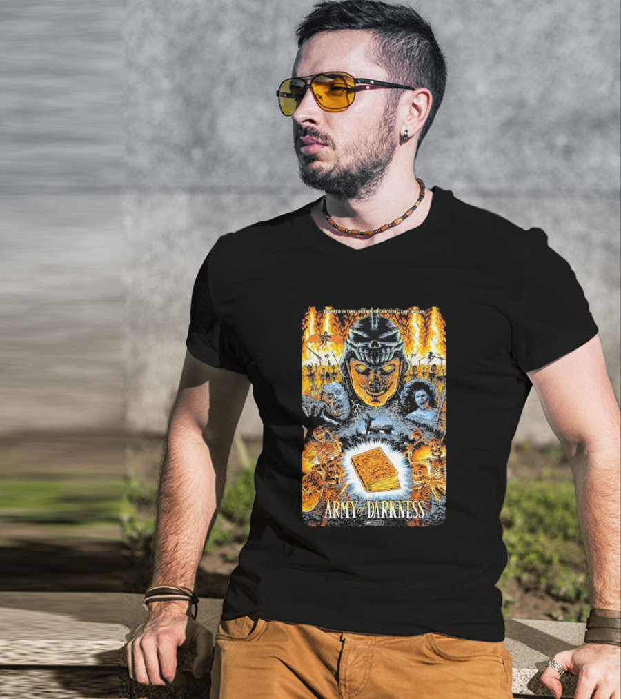 Trapped In Time Surrounded By Evil Low On Gas Army Of Darkness Necronomicon Evil Dead Horror Collage T-Shirt