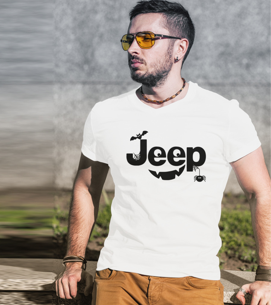 Halloween Jeep Logo With Bat, Spider, And Web Elements T-Shirt