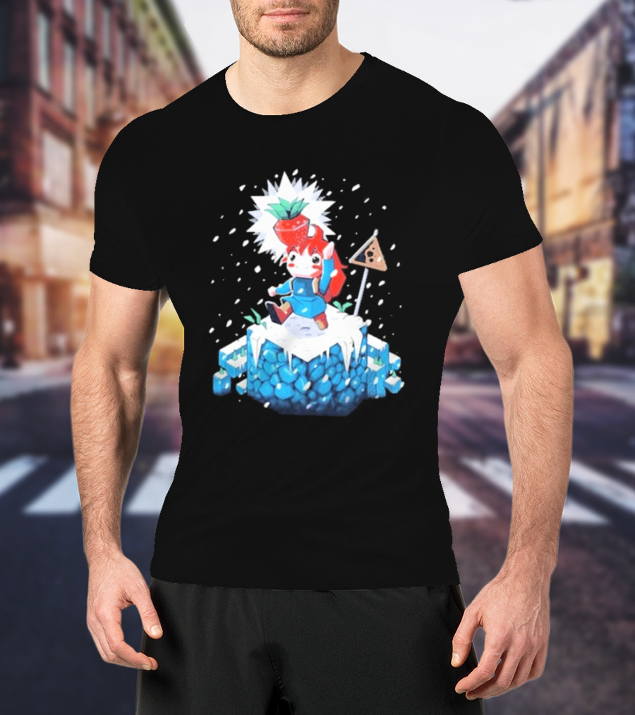 The Yetee Celeste 64 Pixel Adventure Character With Strawberry And Flag On Ice Mountain T-Shirt