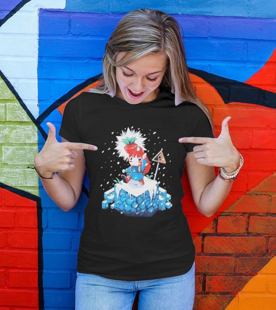 The Yetee Celeste 64 Pixel Adventure Character With Strawberry And Flag On Ice Mountain T-Shirt