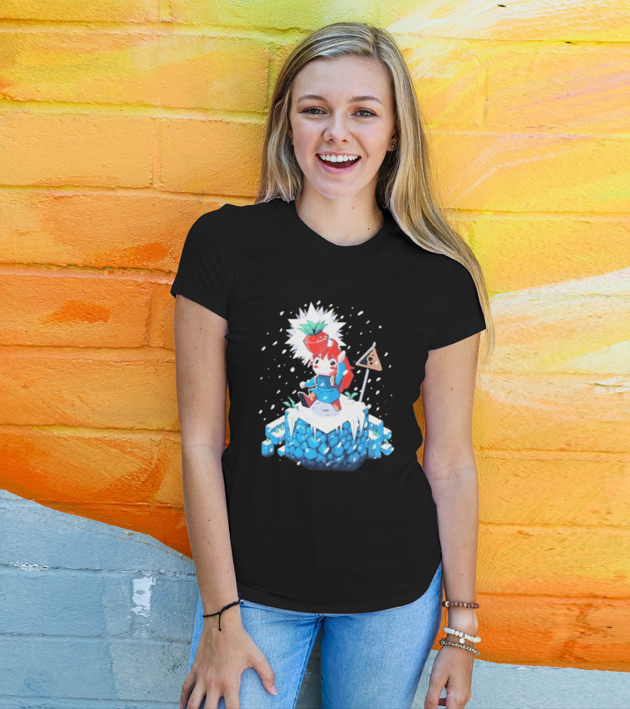 The Yetee Celeste 64 Pixel Adventure Character With Strawberry And Flag On Ice Mountain T-Shirt