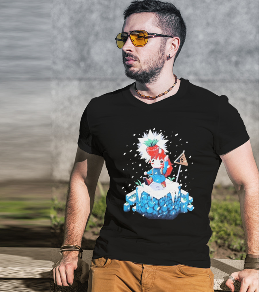 The Yetee Celeste 64 Pixel Adventure Character With Strawberry And Flag On Ice Mountain T-Shirt
