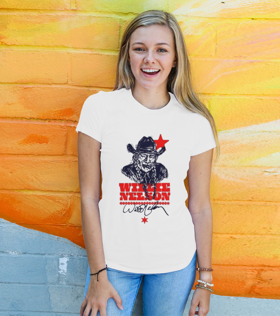 Willie Nelson Woodcut Cowboy Hat Red Star T-Shirt