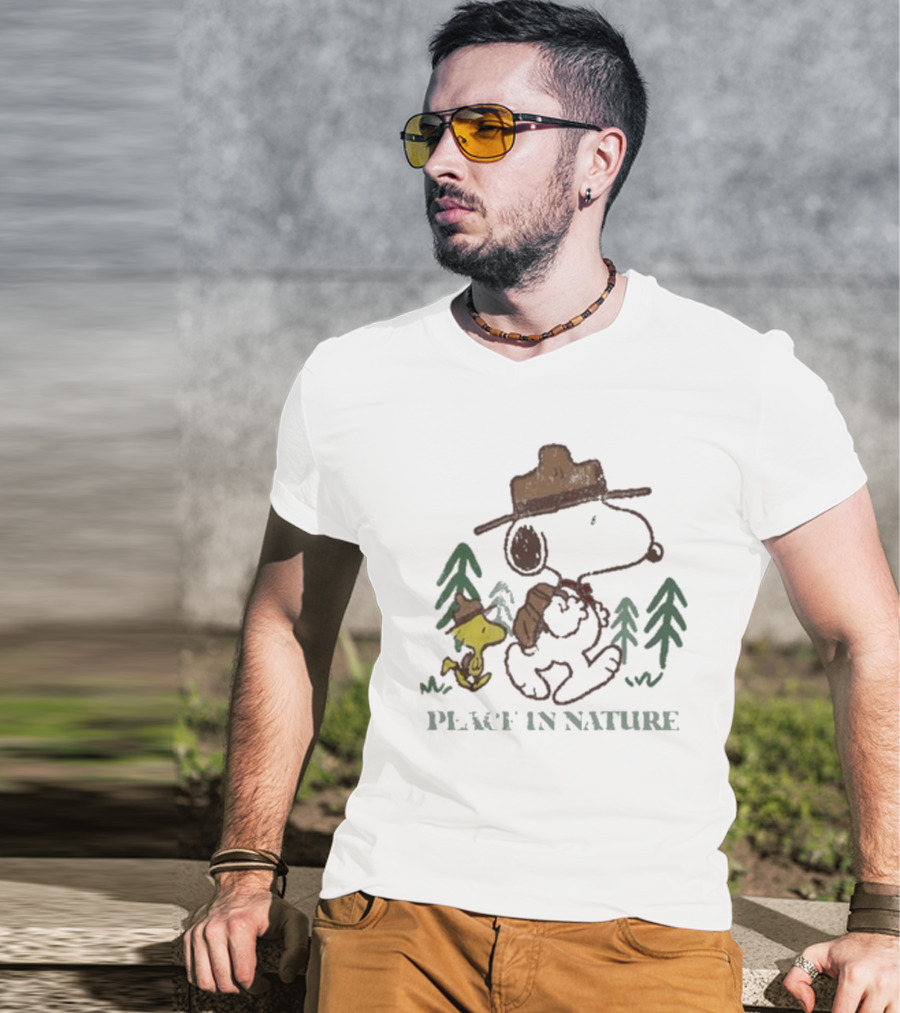 Snoopy Peace In Nature With Woodstock And Trees T-Shirt