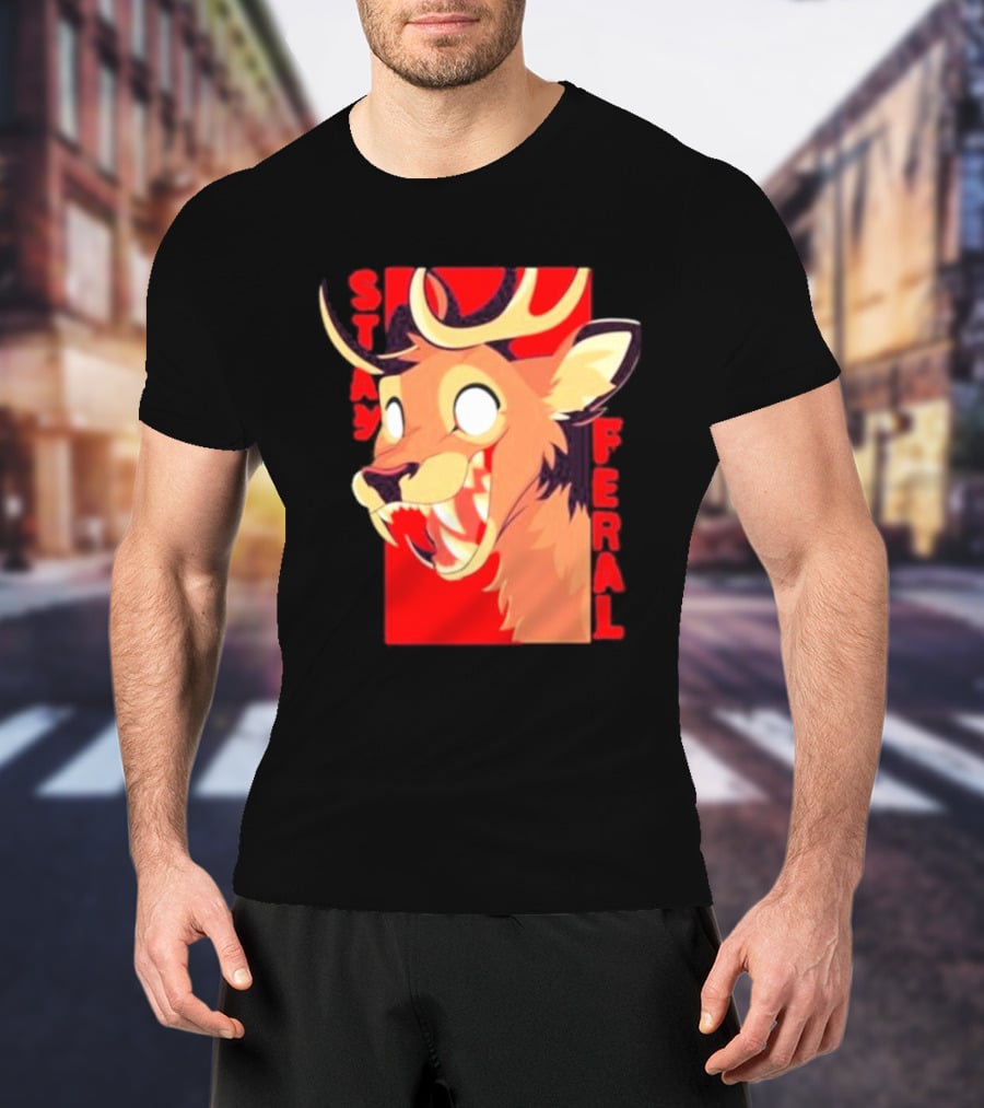 Stay Feral Toothy Deer Wild Expression Monochrome Cartoon T-Shirt