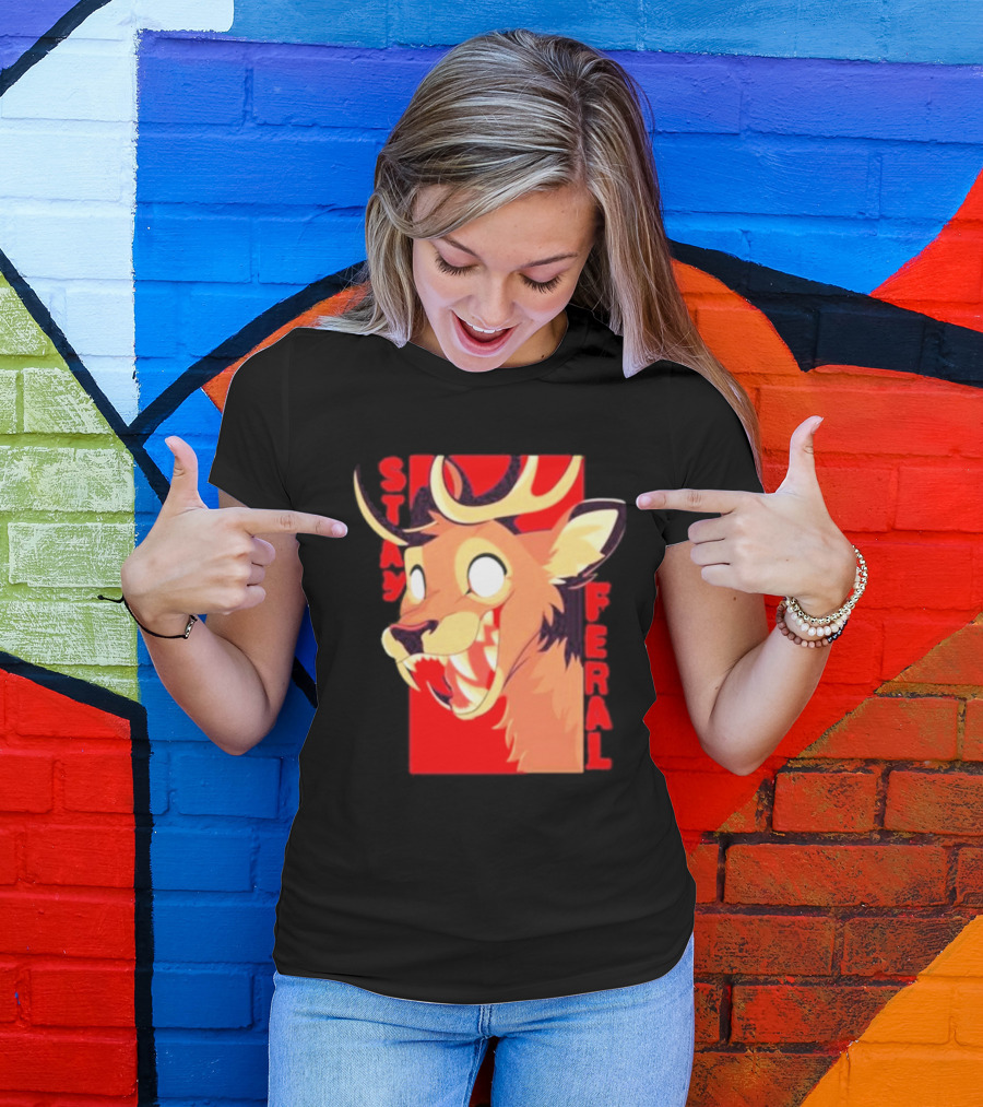 Stay Feral Toothy Deer Wild Expression Monochrome Cartoon T-Shirt