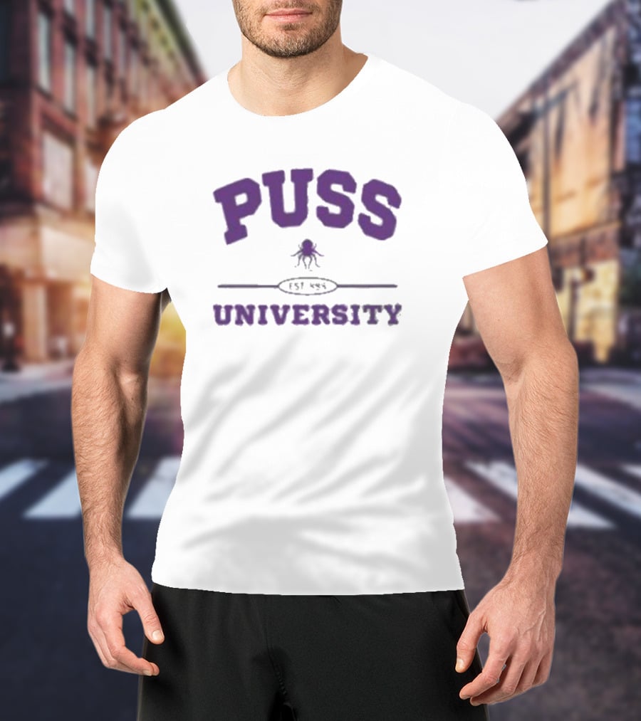 Puss University Est 888 Purple Logo Design With Octopus T-Shirt