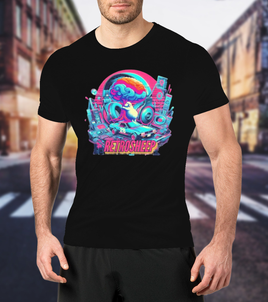 Retrosheep Neon Music Explosion With Retro Cars And Speakers T-Shirt