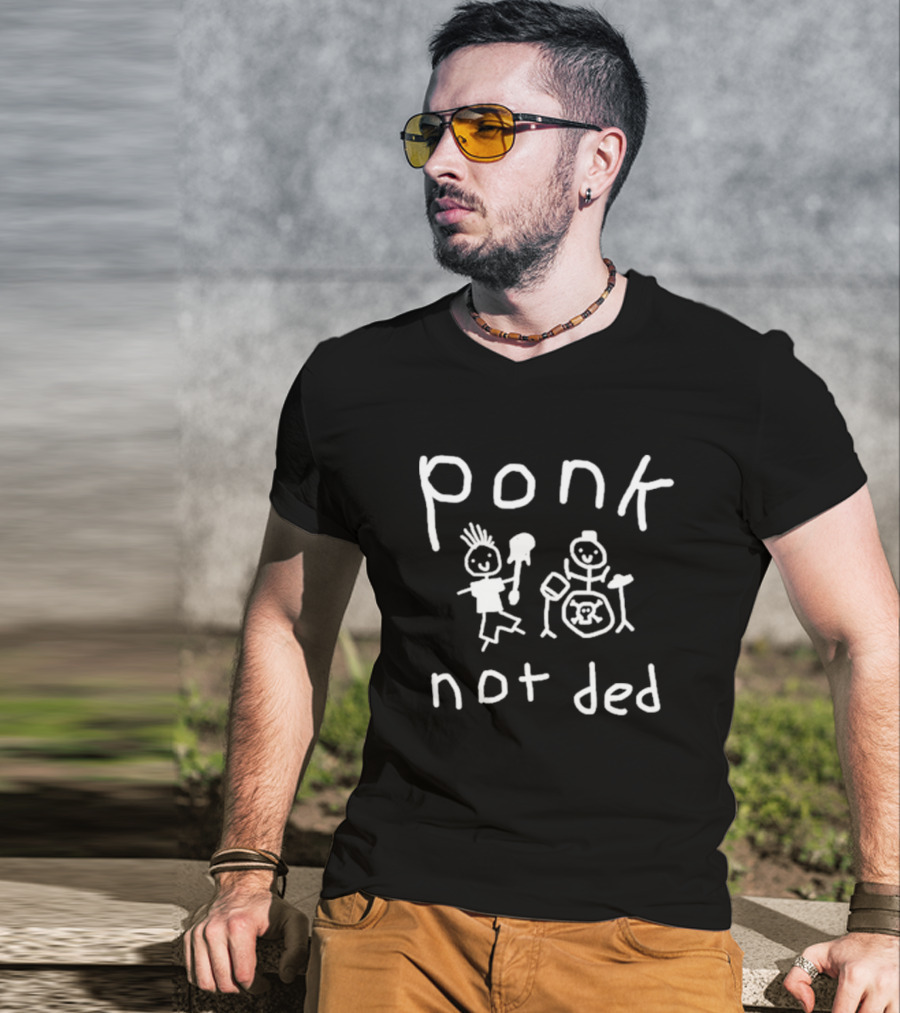 Ponk Not Ded Stick Figure Band Drummer And Guitarist Sketch T-Shirt