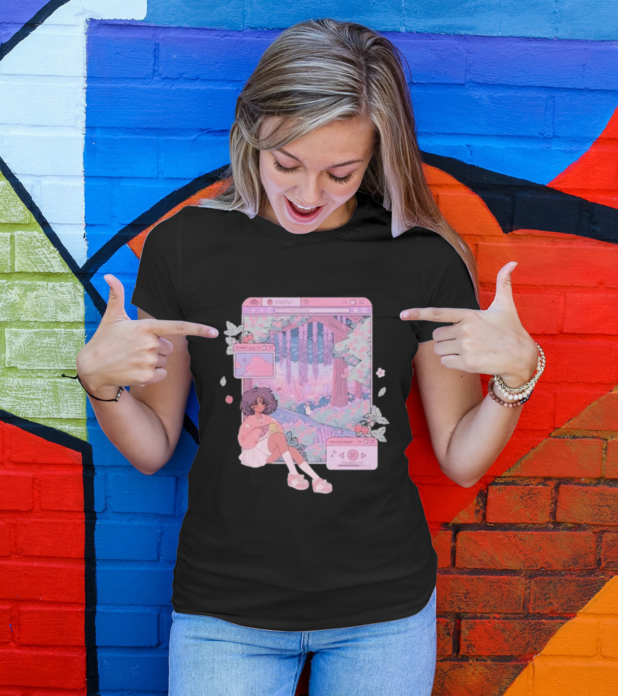 Sheilur Dreamy Strawberry Window Girl In Pink Forest T-Shirt