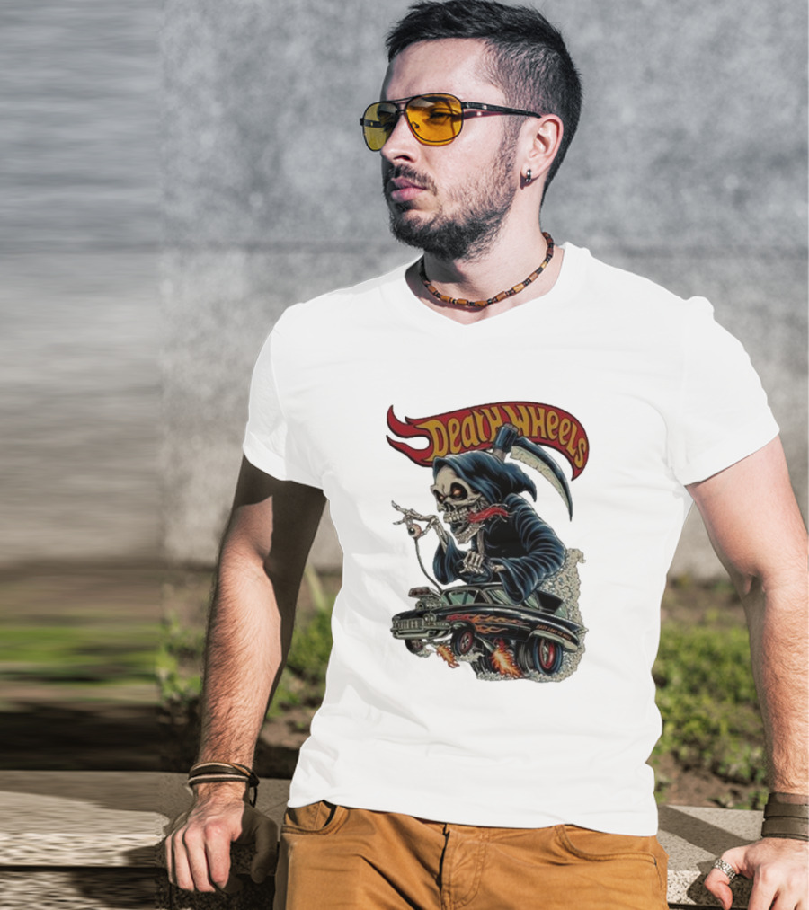 Deadly Wheels Krisna Okky Death Wheels Grim Reaper Driving Flaming Car T-Shirt