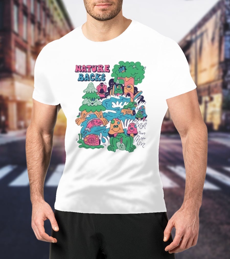 Nature Backs Funky Forest With Colorful Cartoon Animals And Trees T-Shirt
