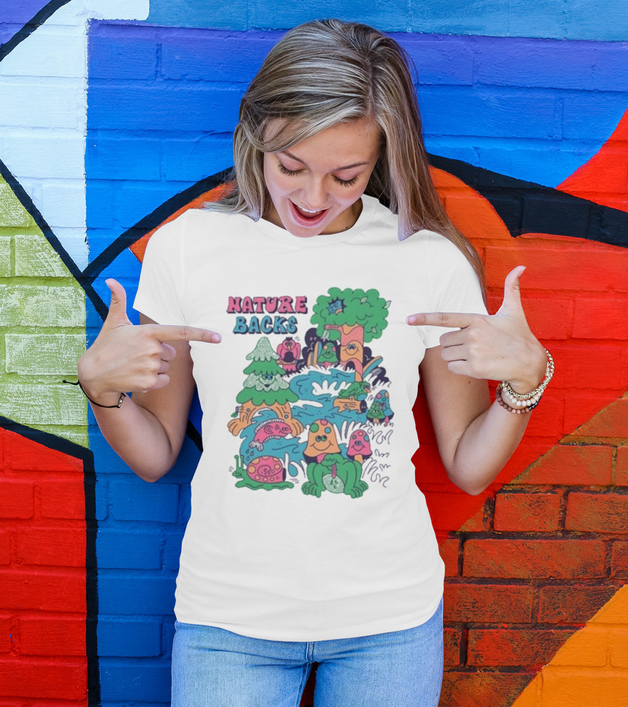 Nature Backs Funky Forest With Colorful Cartoon Animals And Trees T-Shirt