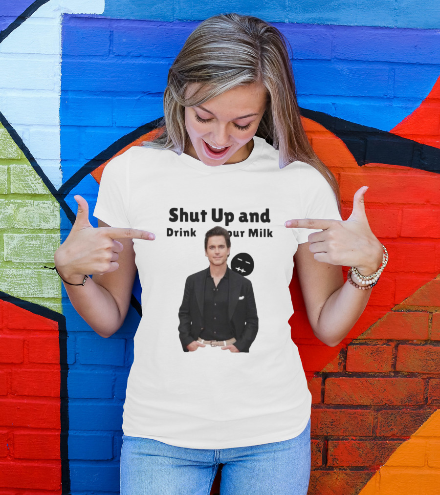 Shut Up And Drink Your Milk With Smiling Man In Black Suit T-Shirt