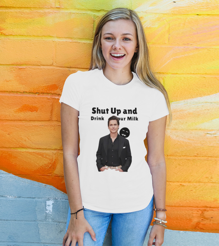 Shut Up And Drink Your Milk With Smiling Man In Black Suit T-Shirt