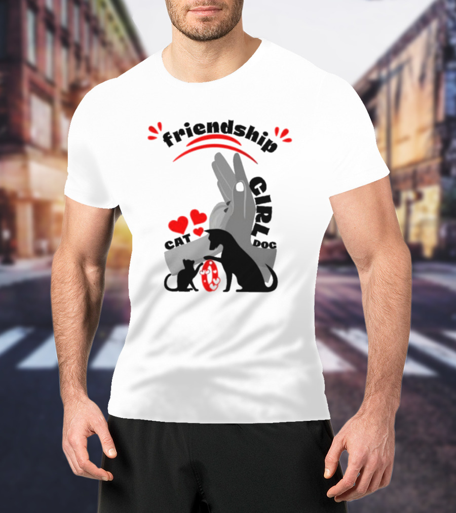 Friendship Girl Cat Dog Pet Pal Hearts T-Shirt