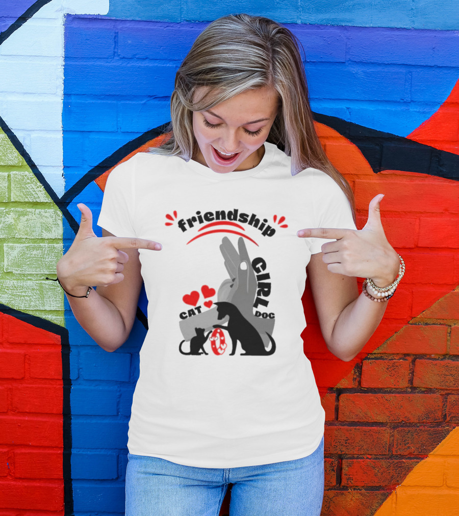 Friendship Girl Cat Dog Pet Pal Hearts T-Shirt