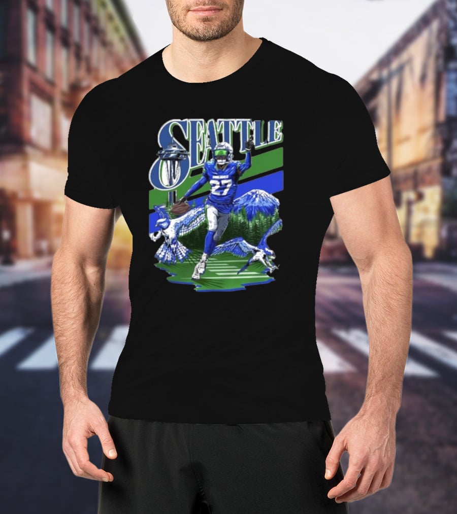 Seattle Seahawks Tariq Woolen Number 27 With Space Needle And Mountain Background T-Shirt