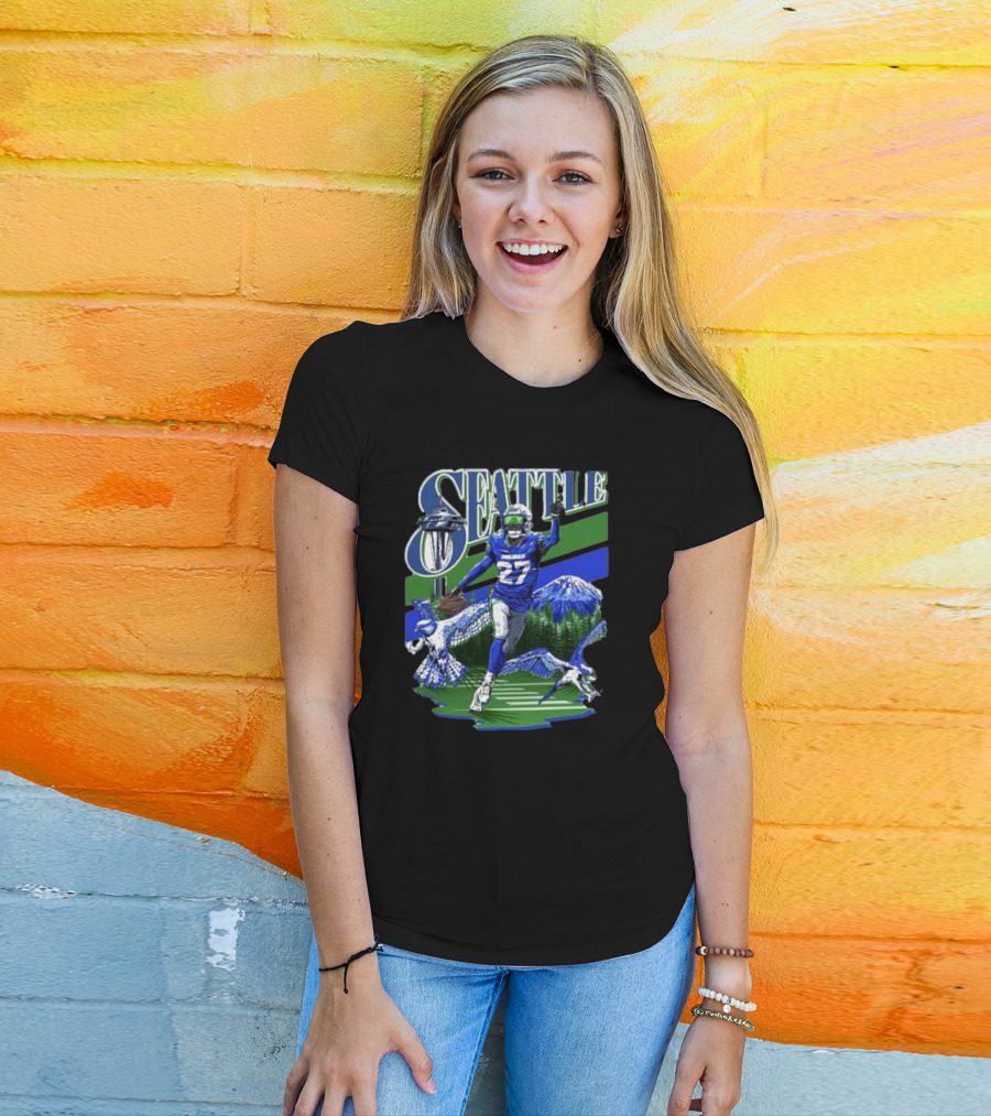 Seattle Seahawks Tariq Woolen Number 27 With Space Needle And Mountain Background T-Shirt