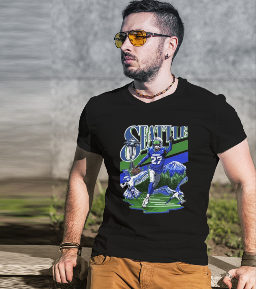 Seattle Seahawks Tariq Woolen Number 27 With Space Needle And Mountain Background T-Shirt