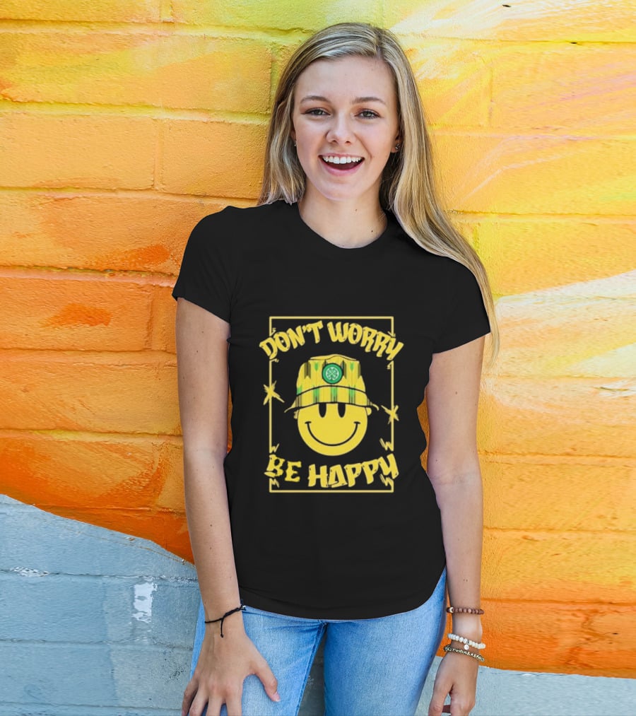 Don't Worry Be Happy Smiley Face With Celtic Jay Bucket Hat T-Shirt