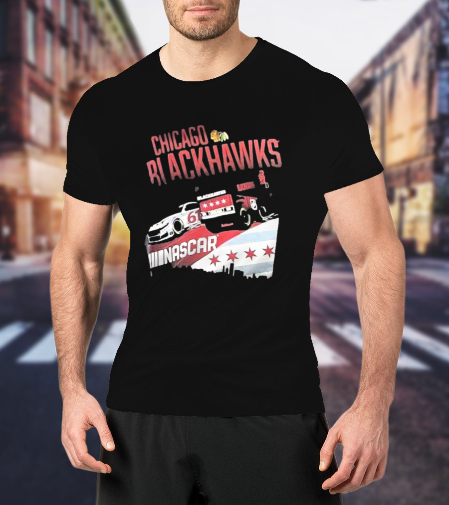 Chicago Blackhawks NASCAR Racing Car With City Skyline And Number 61 T-Shirt