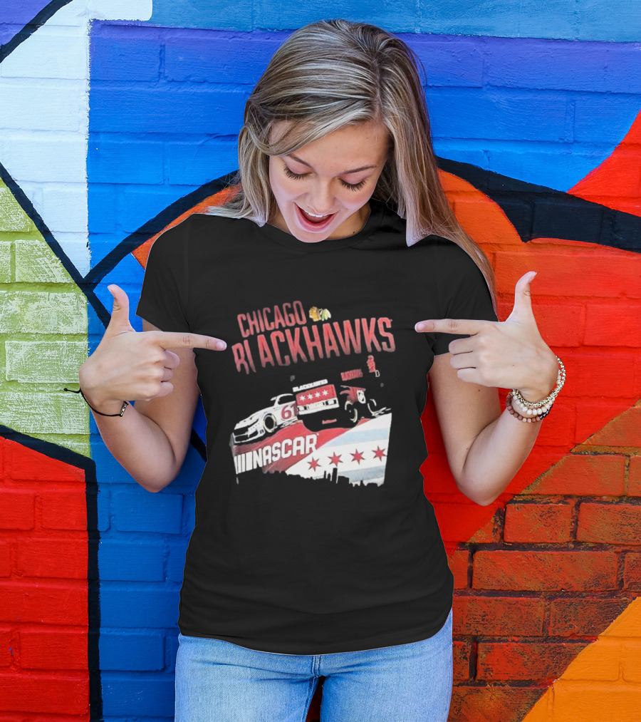 Chicago Blackhawks NASCAR Racing Car With City Skyline And Number 61 T-Shirt