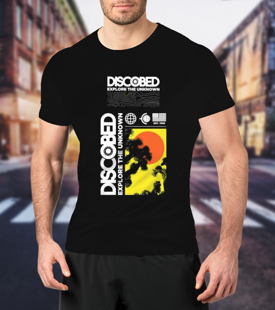 Discobed Explore The Unknown Global Exploration Est 1988 Sun Images With Iconic Nature Scene T-Shirt