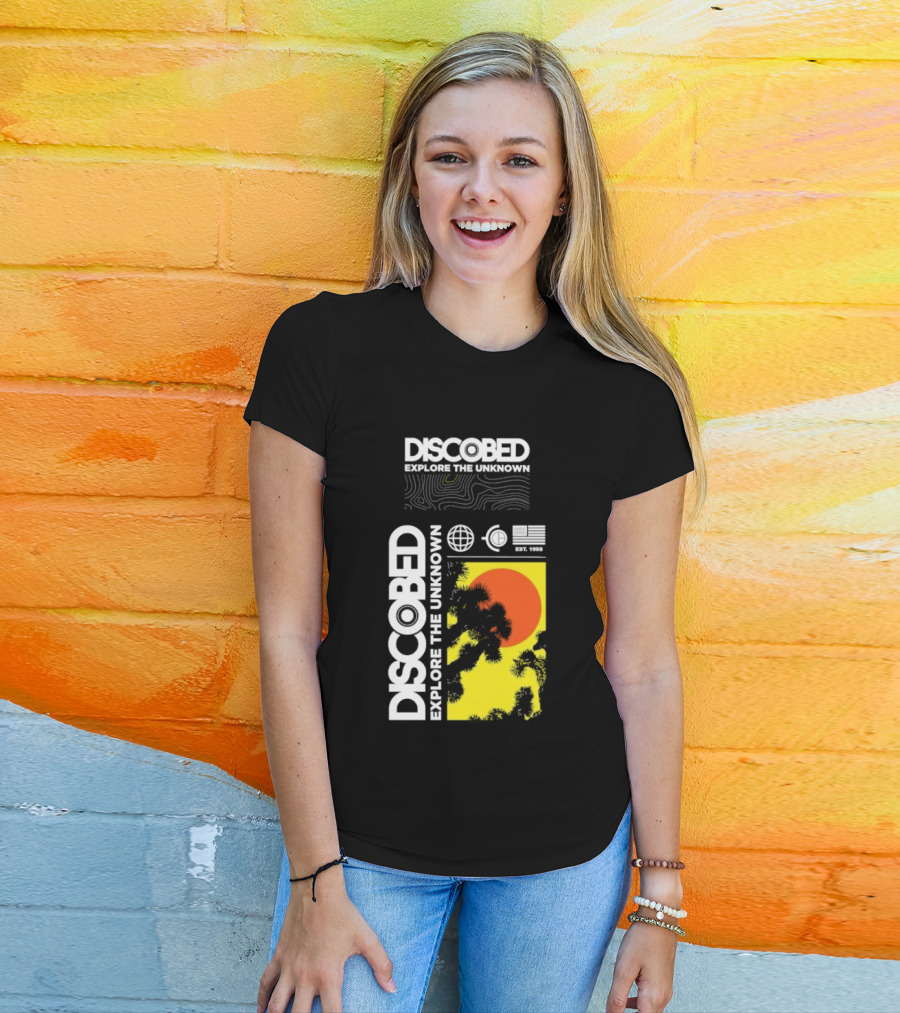 Discobed Explore The Unknown Global Exploration Est 1988 Sun Images With Iconic Nature Scene T-Shirt