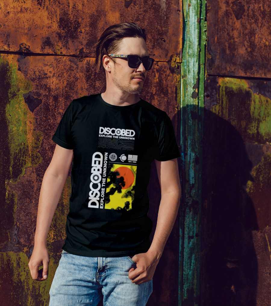 Discobed Explore The Unknown Global Exploration Est 1988 Sun Images With Iconic Nature Scene T-Shirt