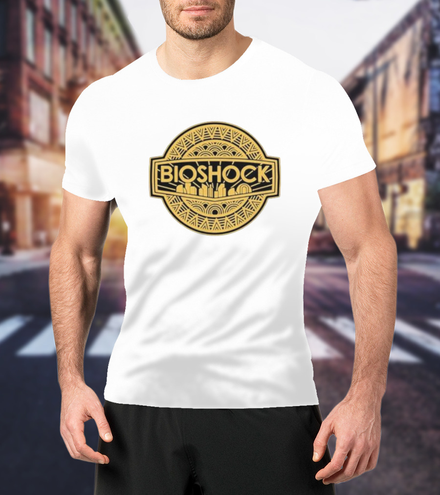 Bioshock Art Deco Golden Emblem With Cityscape T-Shirt