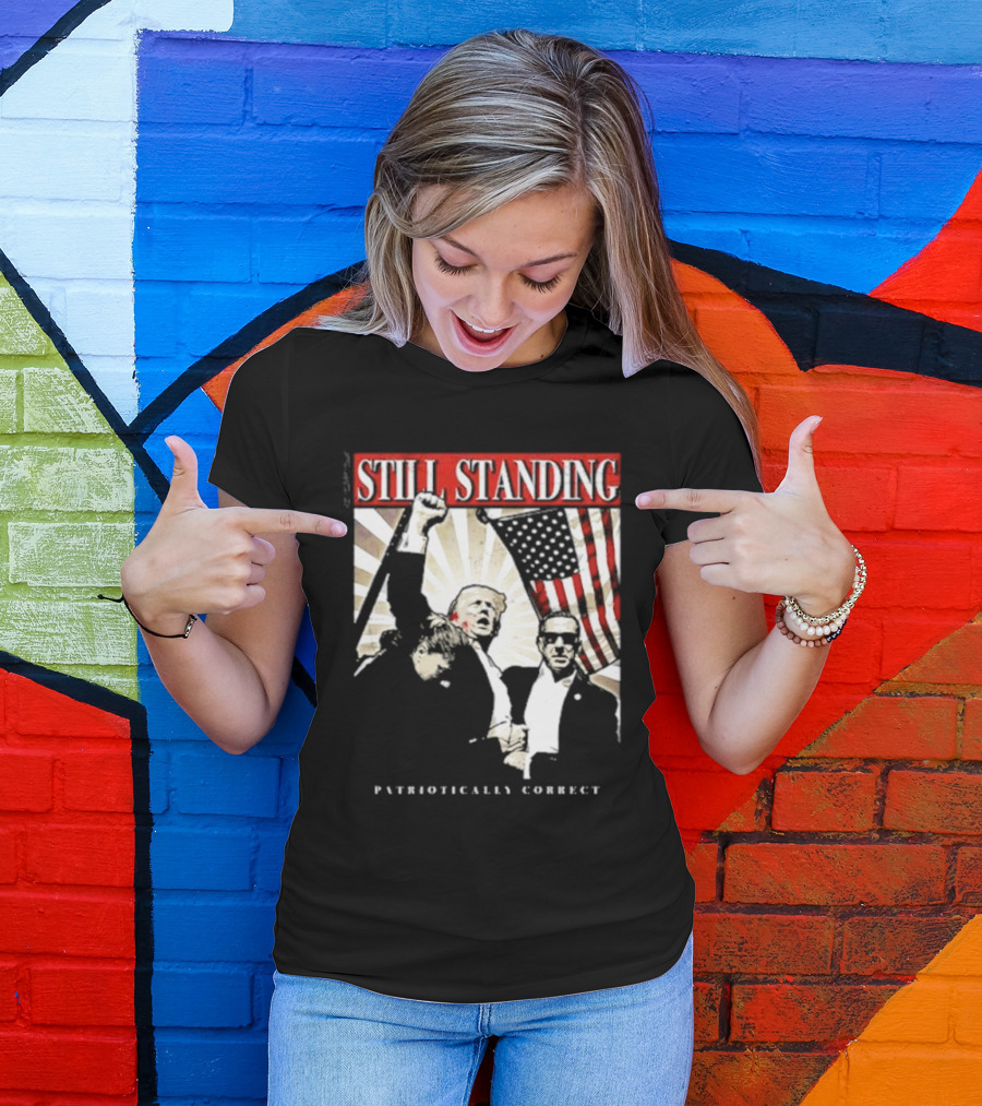 Still Standing Patriotically Correct Zeek Arkham American Flag Leadership T-Shirt