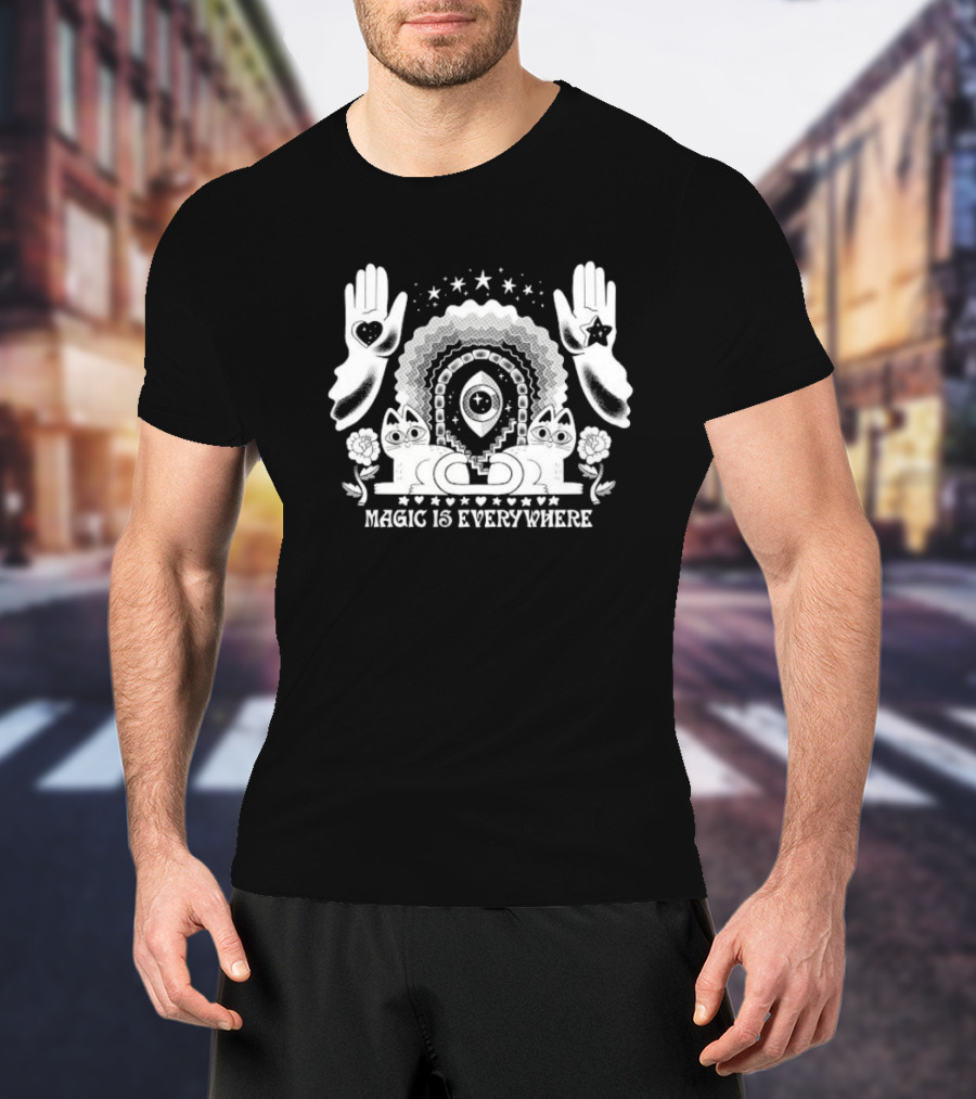 Magic Is Everywhere Witch Cat Stars Hands Flowers Pinkgabbercat T-Shirt