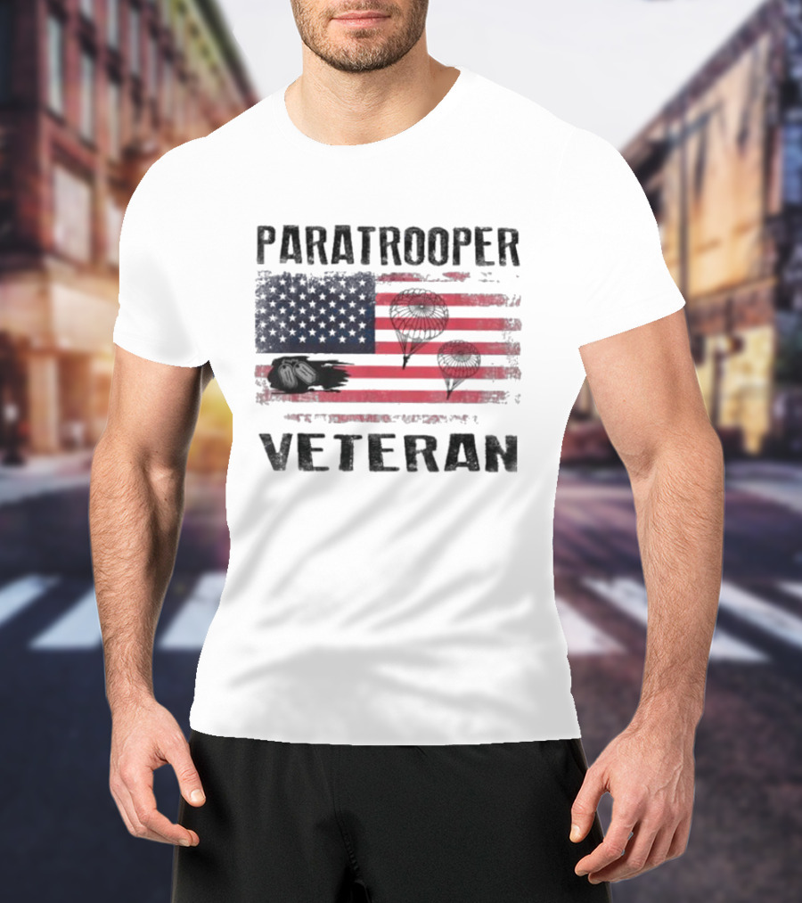 Paratrooper Veteran US Flag Tribute With Airborne T-Shirt