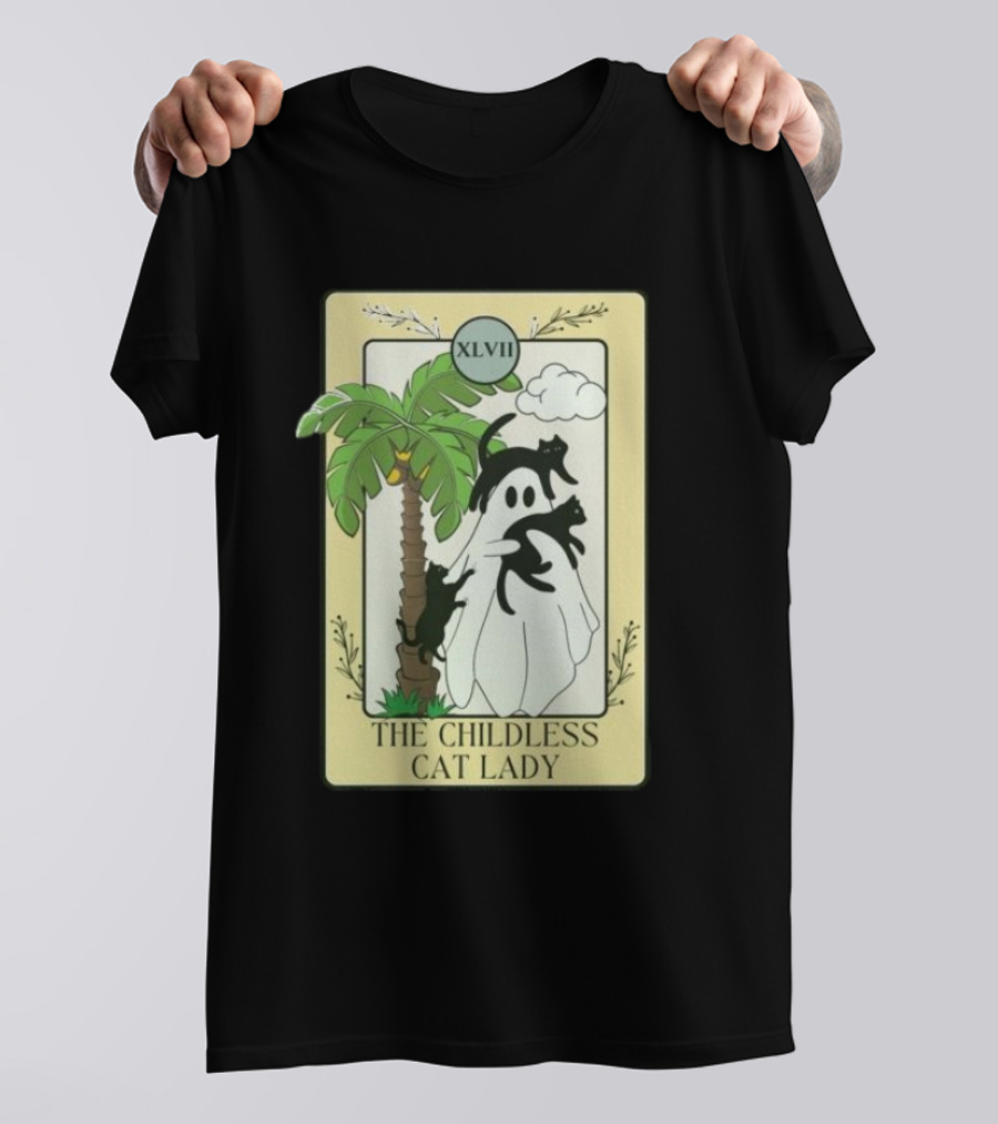 XLVII The Childless Cat Lady Ghost Black Cat Coconut Tree T-Shirt