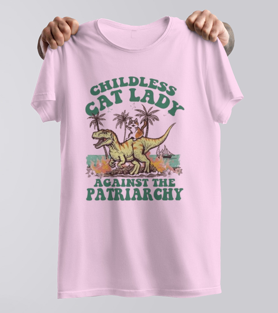 Childless Cat Lady Riding Dinosaur Against The Patriarchy With Flaming Coconut Trees T-Shirt