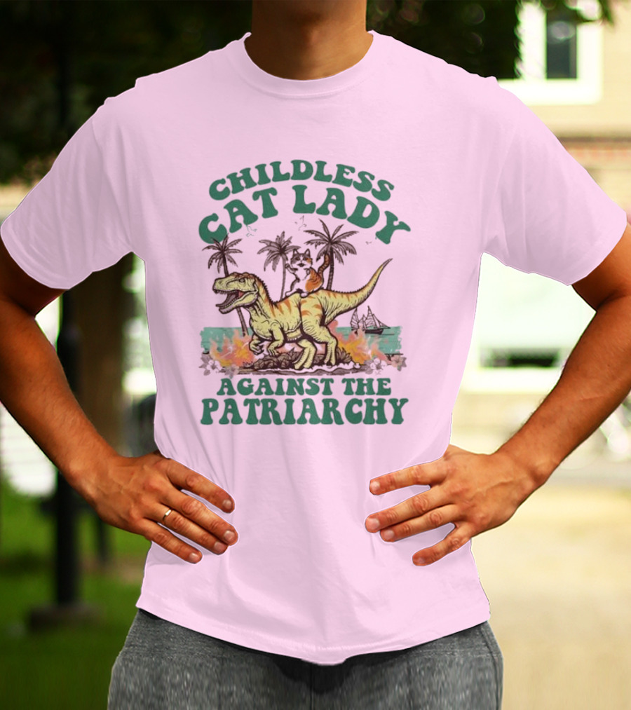 Childless Cat Lady Riding Dinosaur Against The Patriarchy With Flaming Coconut Trees T-Shirt