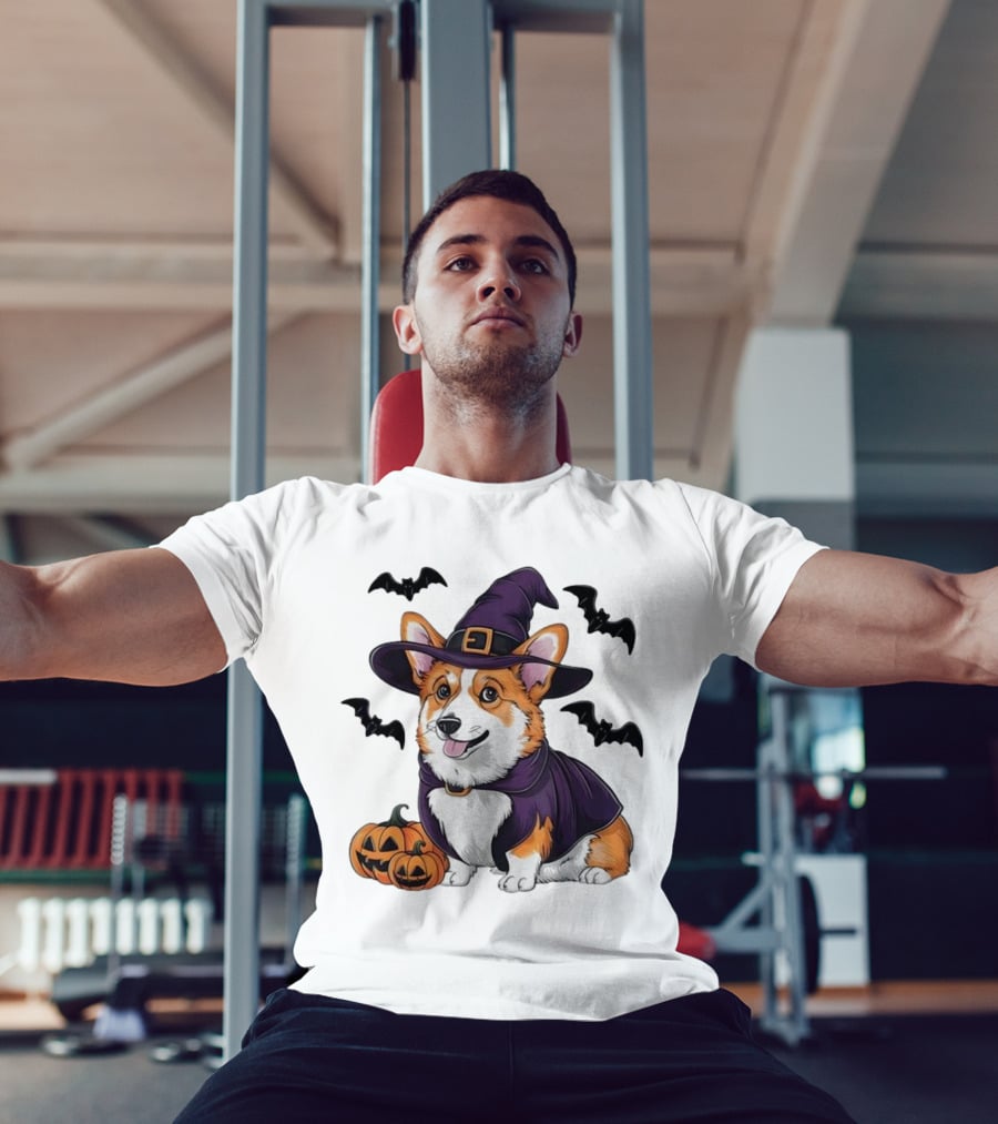Halloween Corgi In Witch Hat With Pumpkins And Bats T-Shirt