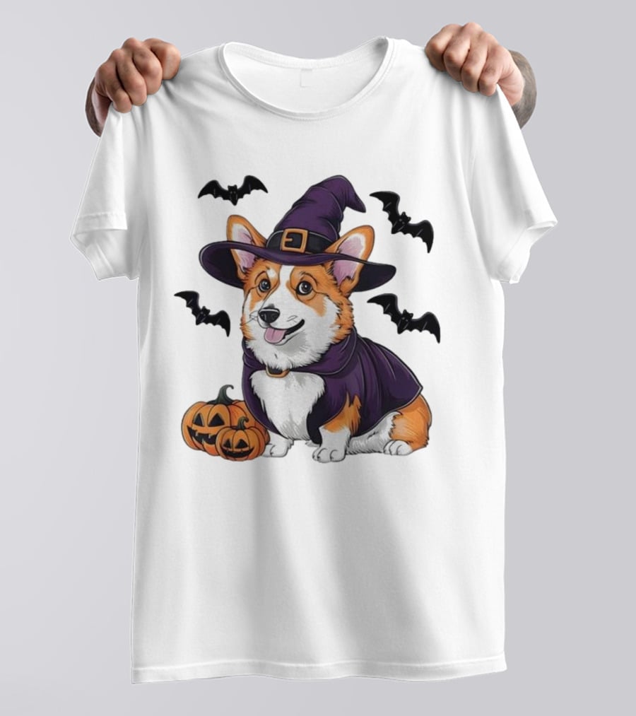 Halloween Corgi In Witch Hat With Pumpkins And Bats T-Shirt