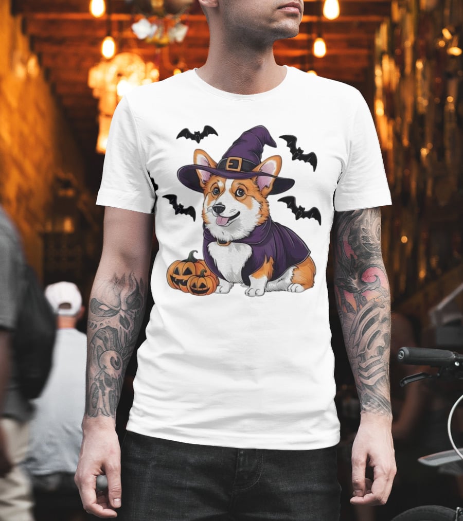 Halloween Corgi In Witch Hat With Pumpkins And Bats T-Shirt