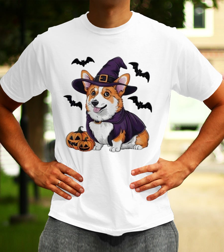 Halloween Corgi In Witch Hat With Pumpkins And Bats T-Shirt