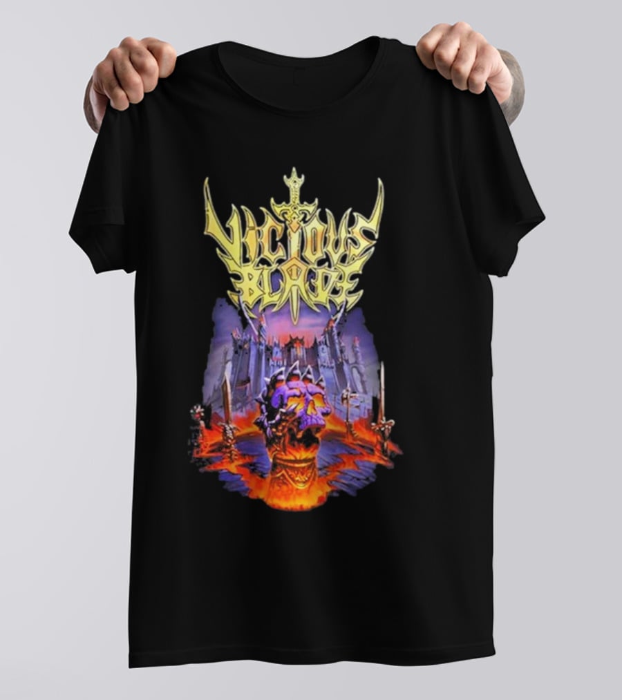 Vicious Blade Skull Fortress With Flaming Swords T-Shirt