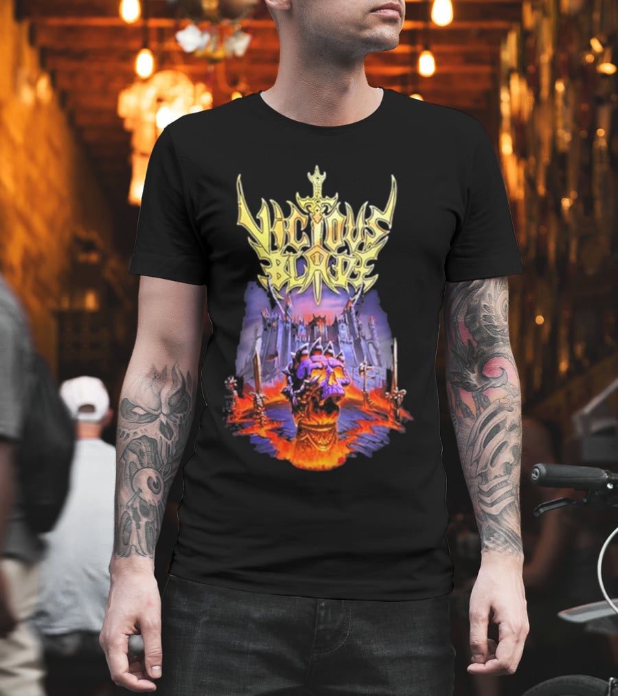 Vicious Blade Skull Fortress With Flaming Swords T-Shirt