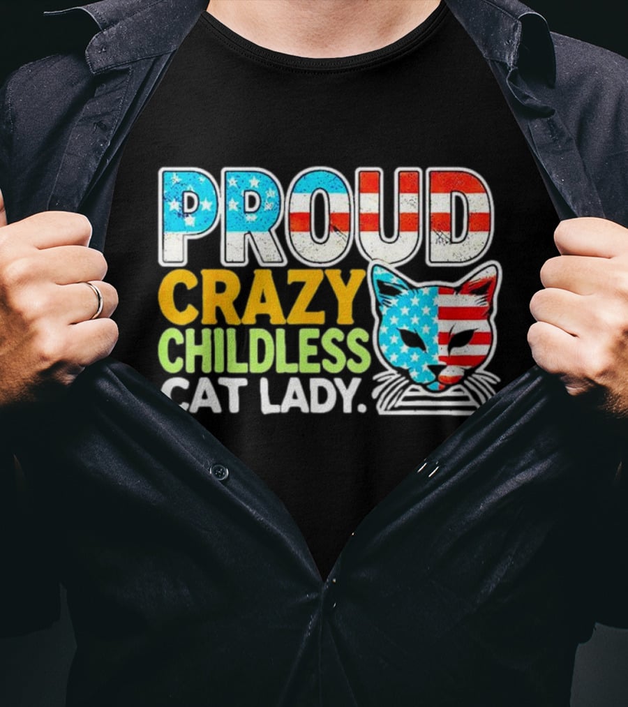 Proud Crazy Childless Cat Lady American Flag Cat Head T-Shirt