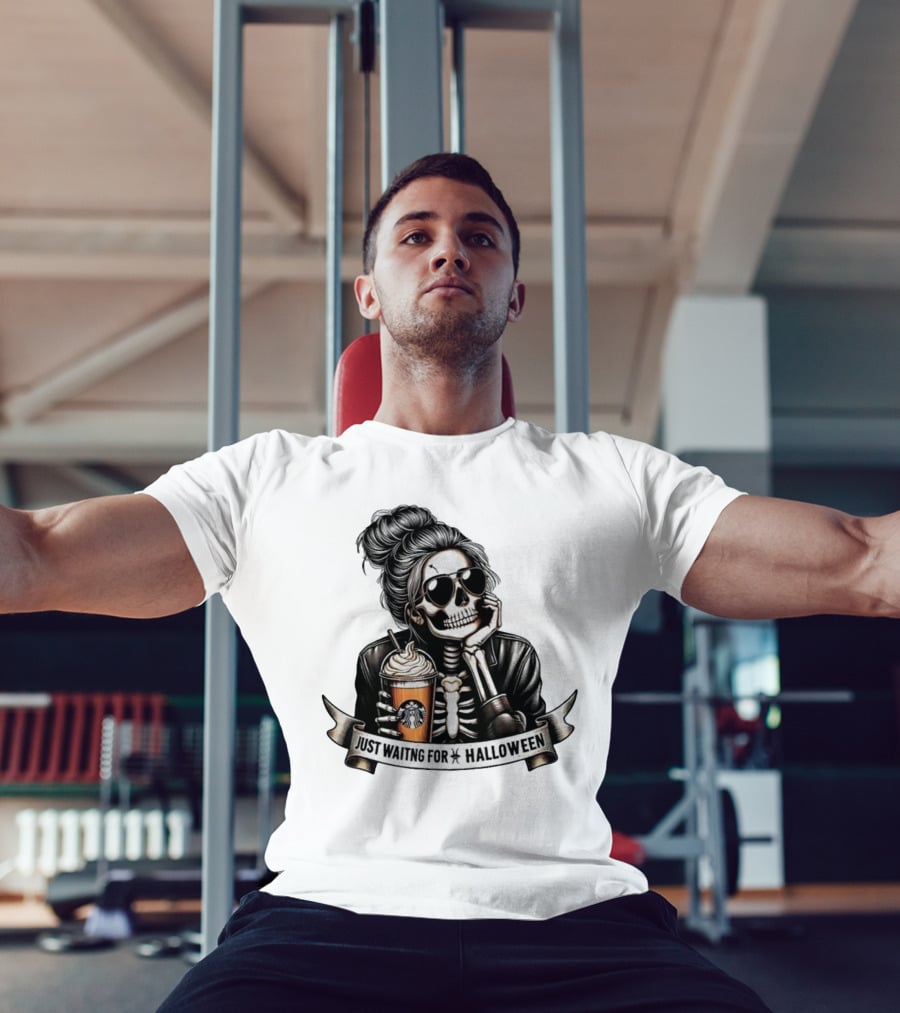 Just Waiting For Halloween Skeleton With Coffee Cup Spooky Season T-Shirt
