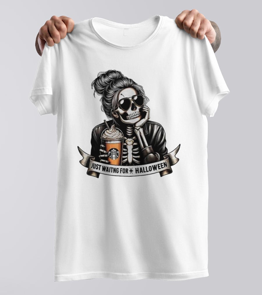 Just Waiting For Halloween Skeleton With Coffee Cup Spooky Season T-Shirt