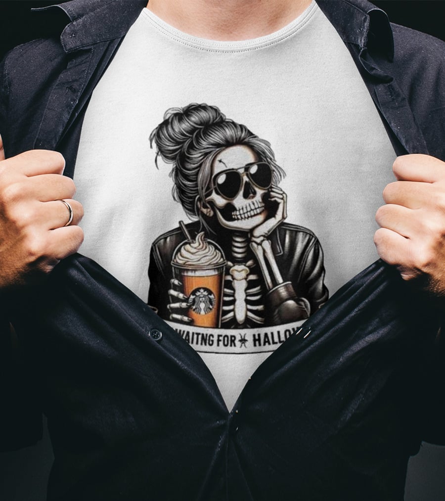 Just Waiting For Halloween Skeleton With Coffee Cup Spooky Season T-Shirt