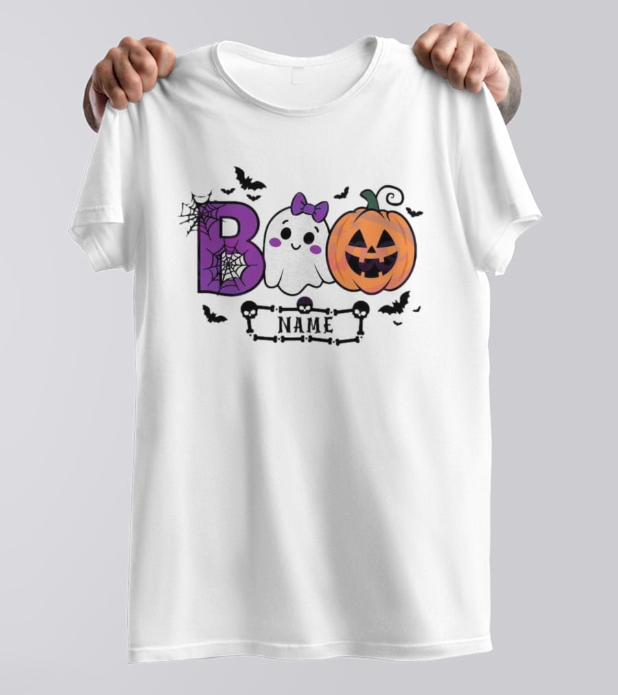 Boo Name Ghost Pumpkin Halloween Spiders Bats T-Shirt
